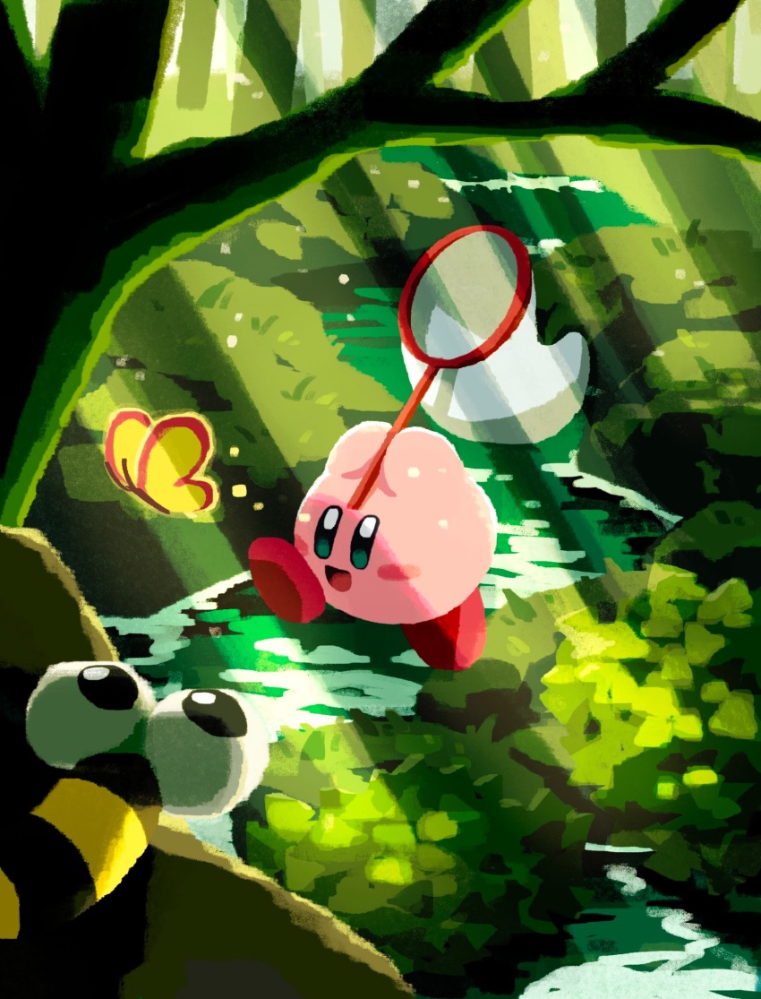 aruco_co blush_stickers bug butterfly butterfly_net butterfly_wings capiller_(kirby) colored_skin forest grass hand_net highres insect insect_wings kirby kirby_(series) looking_at_another nature nintendo no_humans open_mouth pink_skin river smile solid_oval_eyes tree wings