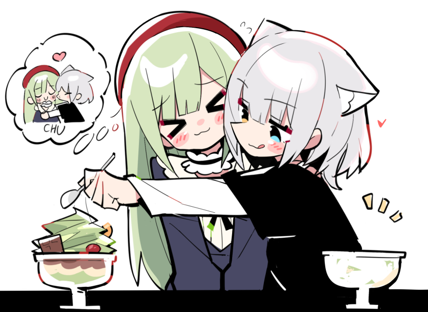 &gt;_&lt; 2girls :3 animal_ears bang_dream! bang_dream!_it&#039;s_mygo!!!!! black_shirt blue_dress blue_eyes blush cat_ears choker closed_eyes closed_mouth commentary_request dress food frilled_choker frills green_hair heart heterochromia highres imagining kaname_raana layered_sleeves licking_lips long_sleeves mortis_(bang_dream!) mortis_(persona)_(bang_dream!) multiple_girls parfait puckered_lips raana_the_cat shirt short_over_long_sleeves short_sleeves simple_background smile speech_bubble thought_bubble tongue tongue_out wakaba_mutsumi white_background white_hair x3 yellow_eyes yuri zhanzhangzlw