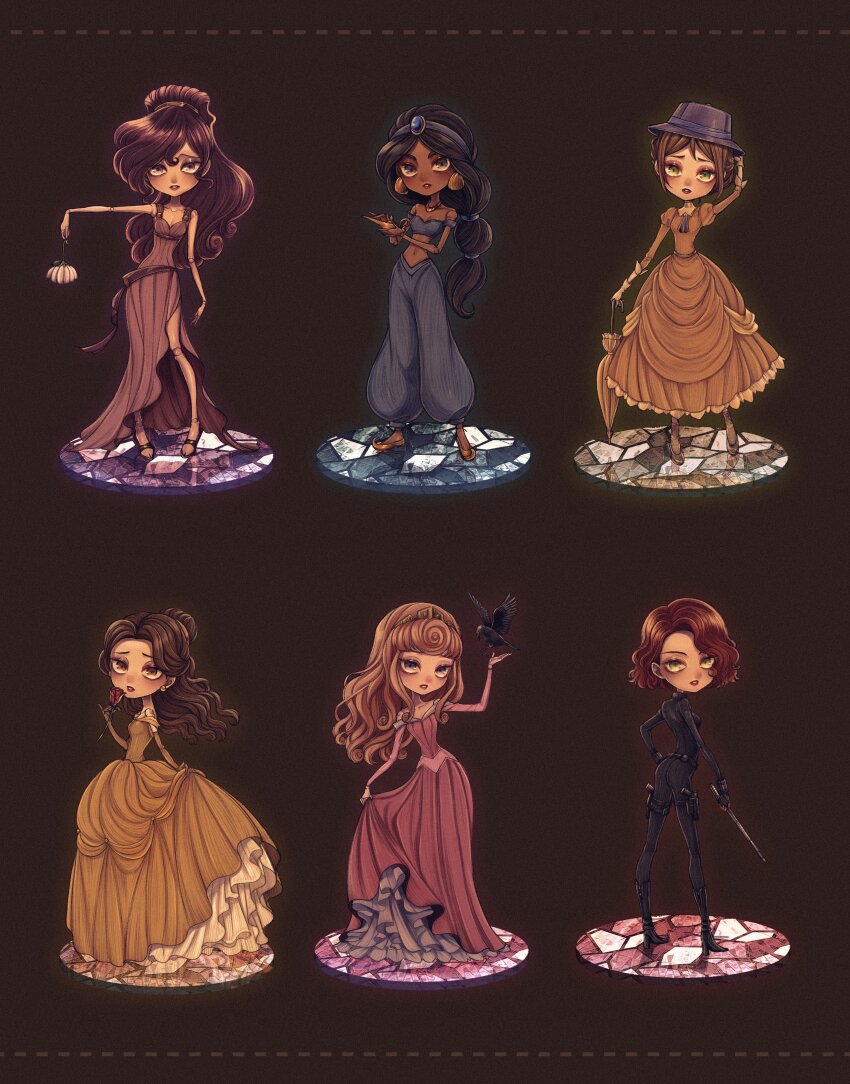 6+girls absurdres aladdin_(movie) aurora_(disney) avengers_(series) beauty_and_the_beast belle_(disney) black_hair black_widow blonde_hair blue_eyes breasts brown_hair company_connection crossover disney disney_princess dress hercules_(1997_film) highres jane_porter jasmine_(disney) jewelry long_hair looking_at_viewer marvel megara_(disney) mizala multiple_girls natasha_romanoff sleeping_beauty smile tarzan