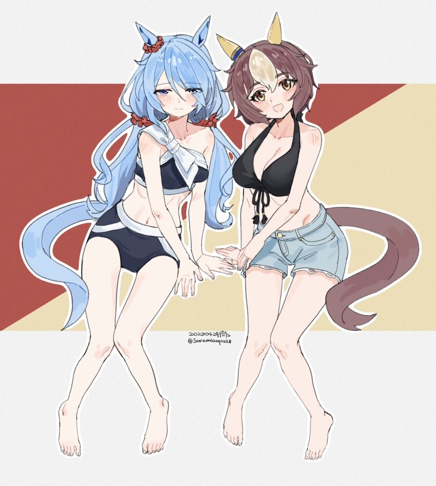 2girls :d alternate_hairstyle animal_ears bare_shoulders barefoot bikini bikini_top_only black_bikini blue_hair blush breasts brown_eyes brown_hair cleavage closed_mouth collarbone commentary_request dated denim denim_shorts ear_covers ear_scrunchie fingernails front-tie_bikini_top front-tie_top full_body hairstyle_switch half-closed_eyes halterneck highres horse_ears horse_girl horse_tail k.s.miracle_(umamusume) large_breasts long_hair looking_at_viewer medium_breasts multicolored_hair multiple_girls navel open_mouth purple_eyes red_background saramiao-chan short_hair shorts simple_background smile stomach streaked_hair swimsuit tail toenails twintails twitter_username umamusume white_background white_hair yamanin_zephyr_(umamusume) yellow_background
