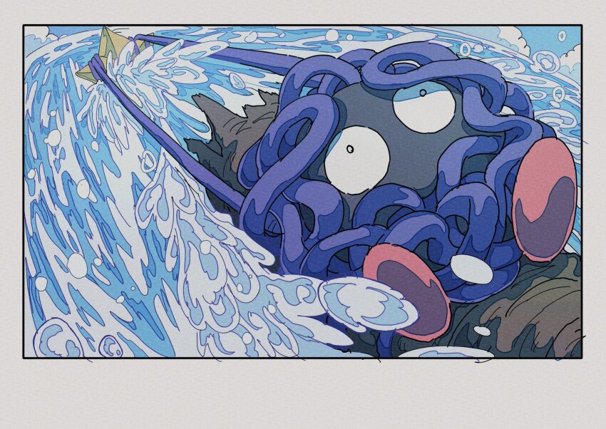 black_eyes border creature full_body game_freak gen_1_pokemon highres log nintendo no_humans no_mouth onamuzi_illust outdoors pokemon pokemon_(creature) pulling red_footwear staryu swimming tangela tentacles water white_border wide-eyed