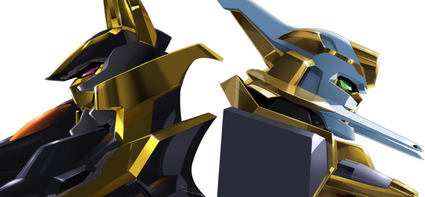 artist_request back-to-back code_geass code_geass:_lost_stories from_side game_cg gawain_(code_geass) green_eyes highres lancelot_(code_geass) lancelot_z-01 mecha mecha_focus no_humans non-web_source official_art portrait profile red_eyes robot simple_background symmetry transparent_background