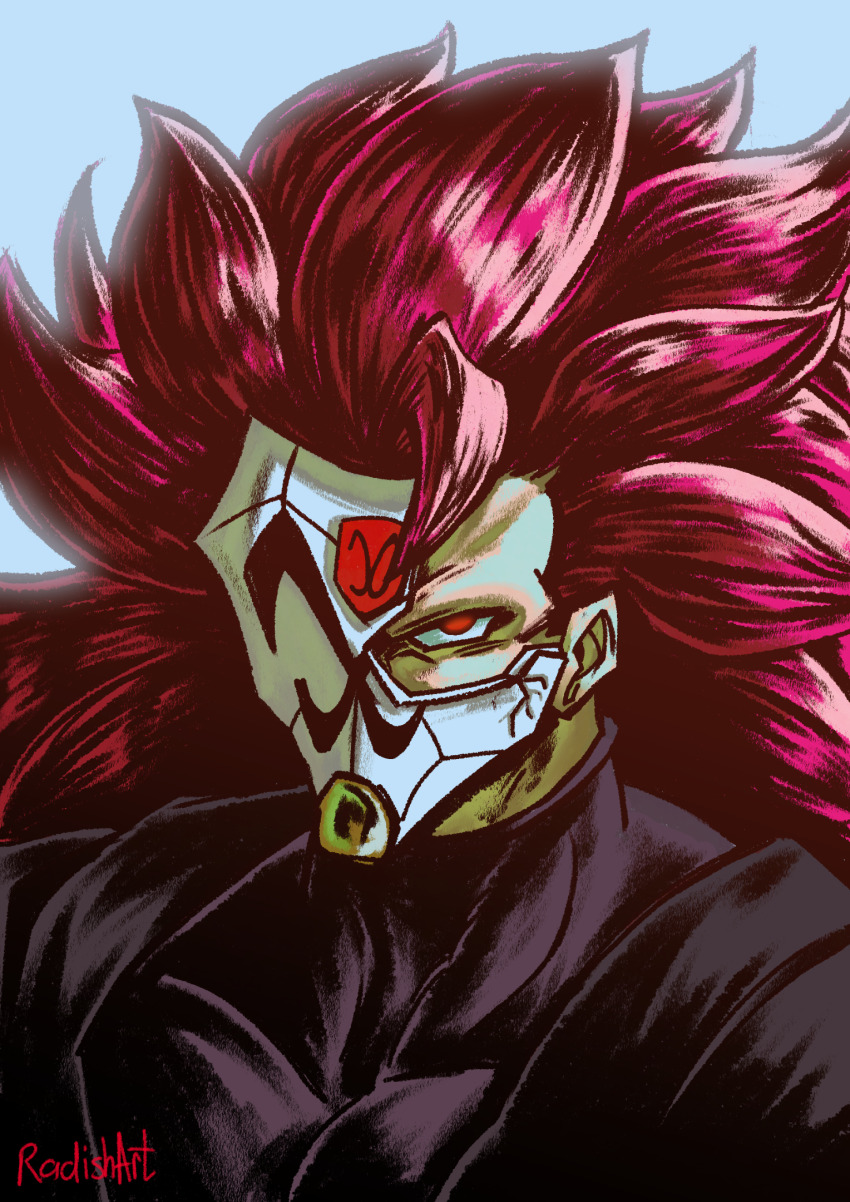 1boy blue_background broken_mask commentary crimson-masked_saiyan dragon_ball dragon_ball_heroes goku_black highres large_pectorals long_hair looking_at_viewer male_focus mask muscular muscular_male pectorals pink_eyes pink_hair portrait radishart signature solo super_saiyan super_saiyan_rose_full_power turtleneck
