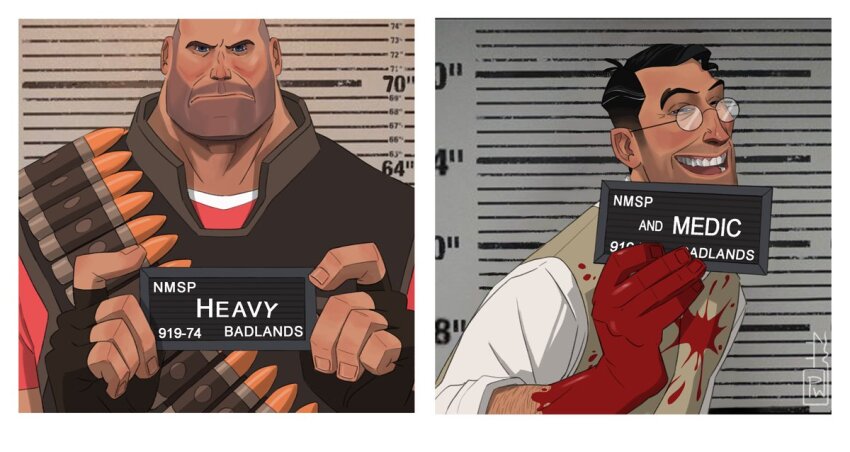 2boys arm_hair bald barbie_mugshot_(meme) beard black_hair blood commentary english_commentary facial_hair glasses heavy_(tf2) height_chart large_pectorals looking_at_viewer male_focus medic_(tf2) meme multiple_boys muscular muscular_male open_mouth pectorals protowilson shirt short_hair smile team_fortress_2 teeth upper_body