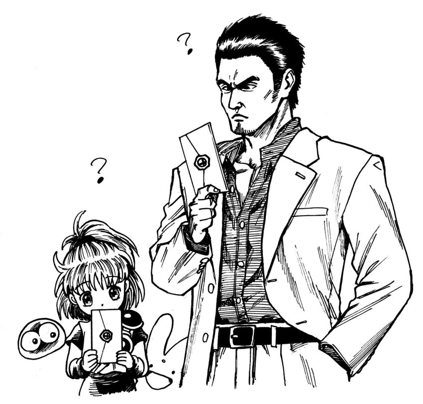 1boy 1girl :d ? arle_nadja asymmetrical_clothes belt carbuncle_(puyopuyo) commentary_request crossover facial_hair formal_clothes frown goatee greyscale hand_in_pocket highres holding holding_letter kiryu_kazuma lee_(dragon_garou) letter madou_monogatari monochrome nintendo open_mouth ponytail puyo_(puyopuyo) puyopuyo ryuu_ga_gotoku_(series) smash_invitation smile suit super_smash_bros. wristband