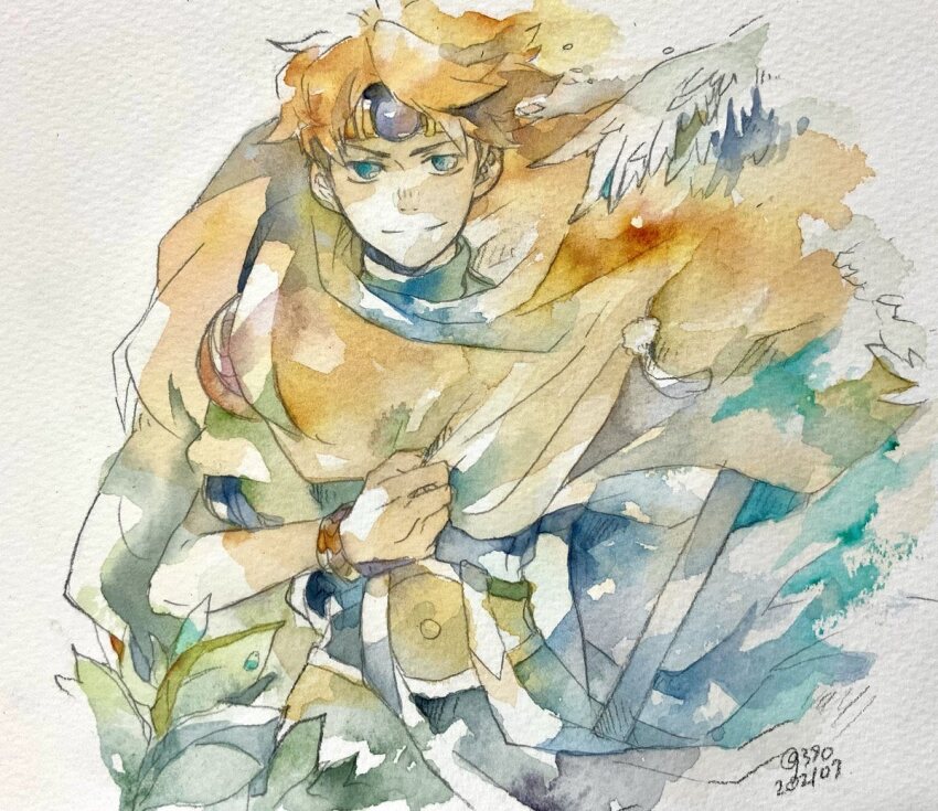 1boy ark_(tenchi_souzou) belt blue_eyes brown_cape brown_hair cape closed_mouth commentary_request cowboy_shot floating_cape forehead_protector genpai39 jewelry looking_at_viewer male_focus painting_(medium) pale_color short_hair signature simple_background solo tenchi_souzou traditional_media watercolor_(medium) white_background