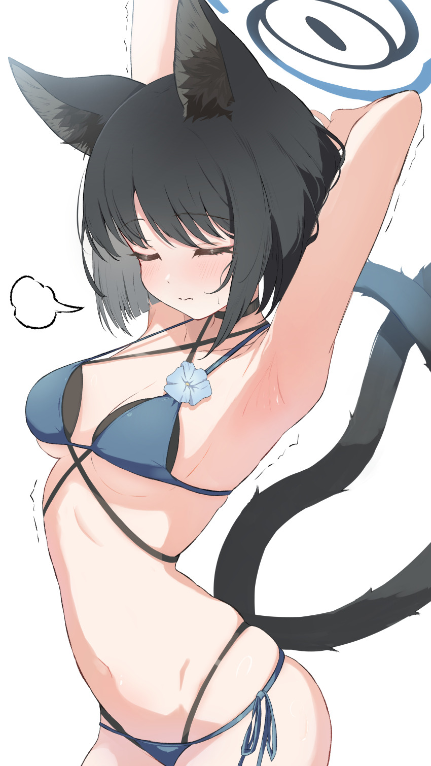 1girl absurdres animal_ear_fluff animal_ears armpits arms_behind_head arms_up bikini black_hair blue_archive blue_bikini blush breasts cat_ears cat_girl cat_tail closed_eyes closed_mouth highres kikyou_(blue_archive) kikyou_(swimsuit)_(blue_archive) multiple_tails official_alternate_costume ritsu_(ritu_2416) short_hair solo stomach stretching swimsuit tail two_tails