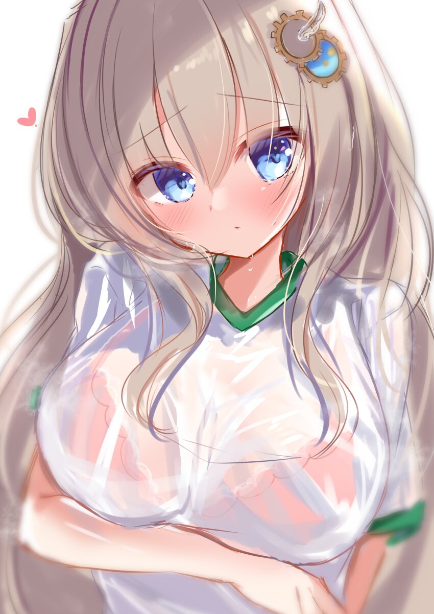 1girl 9-nine- absurdres alternate_costume arm_under_breasts blue_eyes blush bra bra_visible_through_clothes breasts brown_hair closed_mouth eyes_visible_through_hair furrowed_brow gear_hair_ornament gym_shirt hair_between_eyes hair_ornament heart highres kujou_miyako large_breasts long_hair looking_at_viewer nekota_min pink_bra see-through_clothes see-through_shirt shirt short_sleeves sidelocks simple_background sketch solo sweat underwear upper_body very_long_hair white_background white_shirt wing_hair_ornament