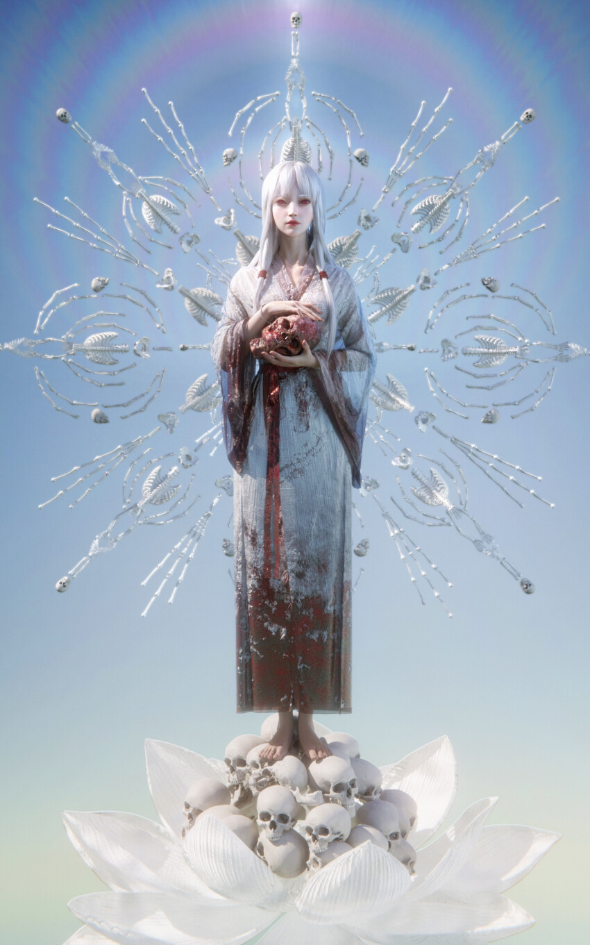 1girl absurdres barefoot blood blood_on_clothes blue_sky chinese_clothes chinese_commentary closed_mouth commentary_request day expressionless eyelashes feet fingernails flower full_body gao_sheng hair_tie hanfu highres holding holding_skull lipstick long_hair long_sleeves looking_at_viewer lotus low-tied_sidelocks makeup original outdoors parted_bangs pile_of_skulls qujupao rainbow realistic red_eyes red_lips red_sash sash sidelocks skeleton skull sky solo standing straight-on straight_hair toenails toes very_long_hair waist_sash white_flower white_hair white_hanfu wide_sleeves