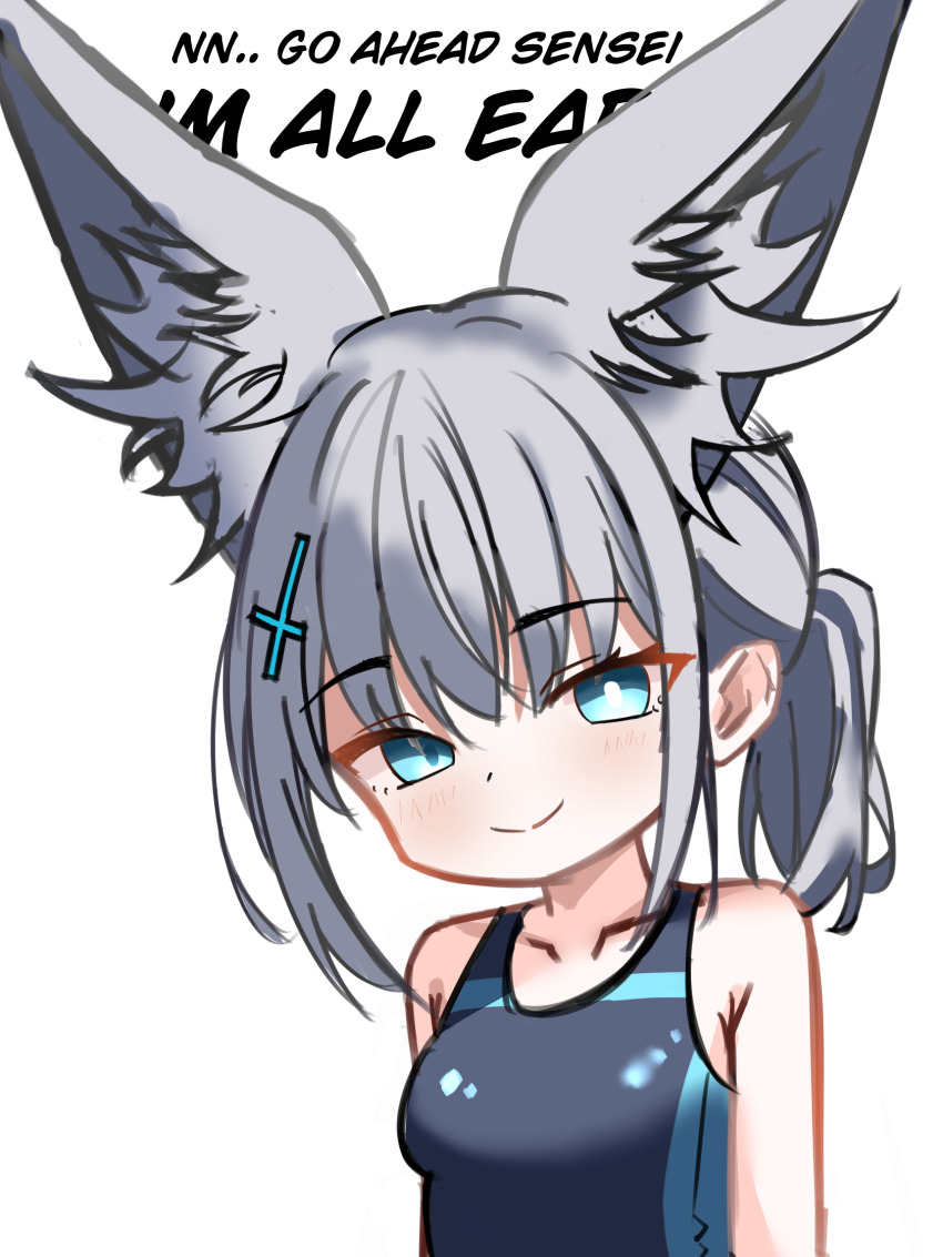 1girl animal_ear_fluff animal_ears black_one-piece_swimsuit blue_archive blue_eyes blush breasts competition_swimsuit cross cross_hair_ornament cunvaroy english_text extra_ears fox_ears fox_girl grey_hair hair_ornament halo highleg highleg_one-piece_swimsuit highres i&#039;m_all_ears_(meme) inverted_cross large_ears medium_breasts meme mismatched_pupils multicolored_swimsuit official_alternate_costume one-piece_swimsuit pun self-upload shiroko_(blue_archive) shiroko_(swimsuit)_(blue_archive) simple_background swimsuit too_literal two-tone_swimsuit very_long_ears white_background wolf_ears