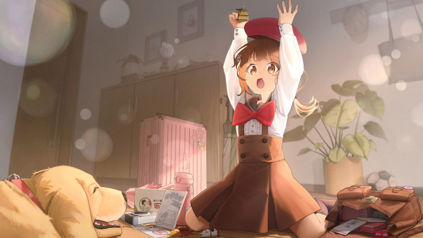 1girl absurdres arms_up ball beret bow bowtie brown_bag brown_eyes brown_hair brown_sailor_collar brown_skirt commentary dog hat highres holding indoors lens_flare long_sleeves maousoshi open_mouth original picture_frame plant potted_plant red_bow red_bowtie sailor_collar shirt sitting skirt soccer_ball solo suitcase white_shirt