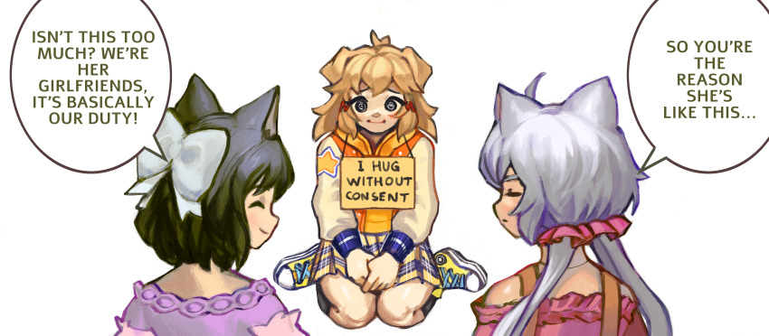 3girls absurdres animal_ears bare_shoulders black_hair blonde_hair cat_ears dialogue_box dog_ears english_text fox_ears hair_ornament hair_ribbon highres hood hoodie kneeling kohinata_miku long_hair meltted multiple_girls pet_shaming pleated_skirt ribbon senki_zesshou_symphogear sign skirt smile tachibana_hibiki_(symphogear) white_hair yukine_chris yuri