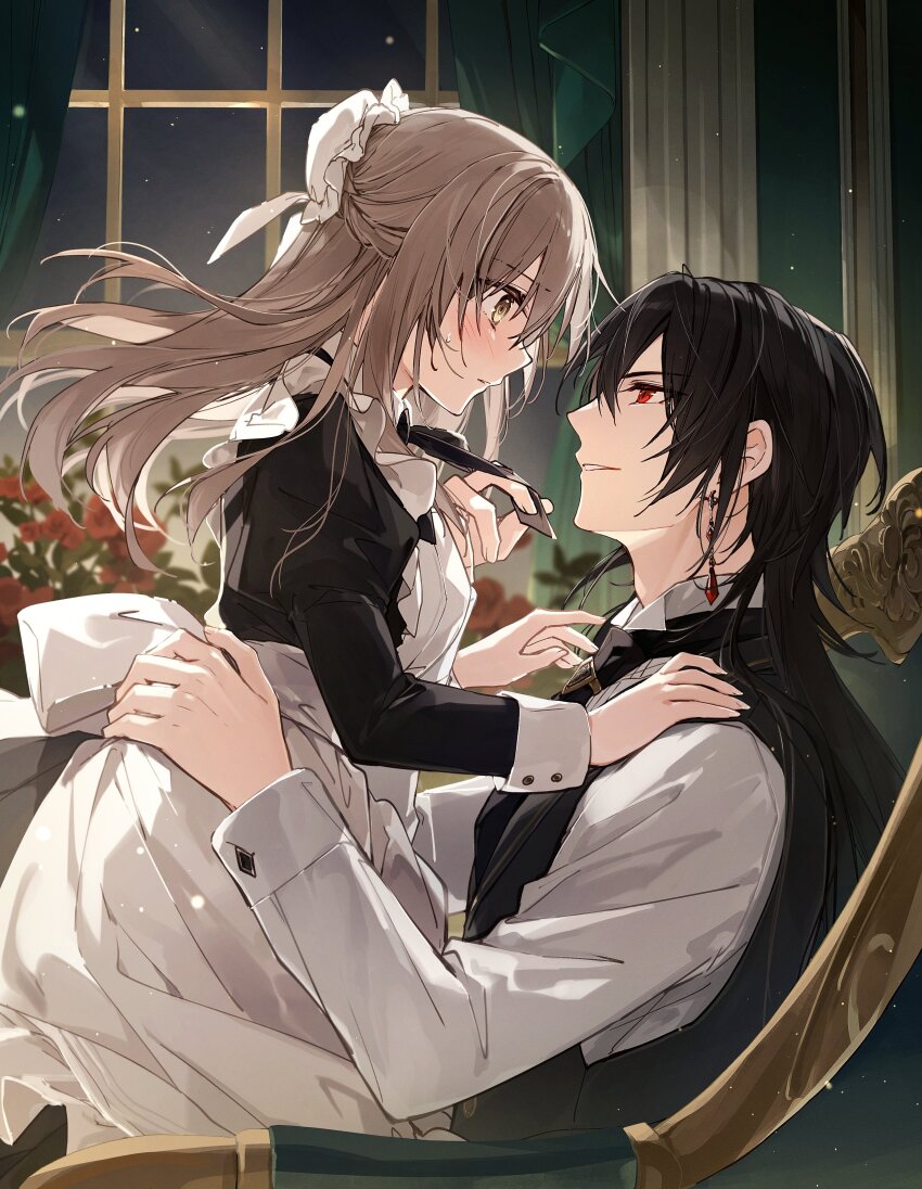 1boy 1girl absurdres annelise_(mochizuki_shiina) apron armchair black_dress black_hair black_vest blush brown_eyes brown_hair bun_cover chair collared_shirt commentary_request curtains dress earrings eye_contact from_side hair_bun hetero highres indoors jewelry juliet_sleeves karisome_no_shitsuji_to_koushaku_no_himegoto long_hair long_sleeves looking_at_another lucas_(mochizuki_shiina) maid maid_apron maid_day mochizuki_shiina on_chair parted_lips profile puffy_sleeves red_eyes shirt sweat very_long_hair vest white_apron white_shirt window