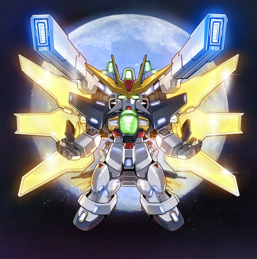 absurdres after_war_gundam_x beam_cannon chibi commentary english_commentary floating full_body full_moon glowing glowing_eyes green_eyes gundam gundam_double_x highres light_particles looking_at_viewer mecha mobile_suit moon no_humans robot satellite_cannon science_fiction sd_gundam solo space v-fin weapon zakuma