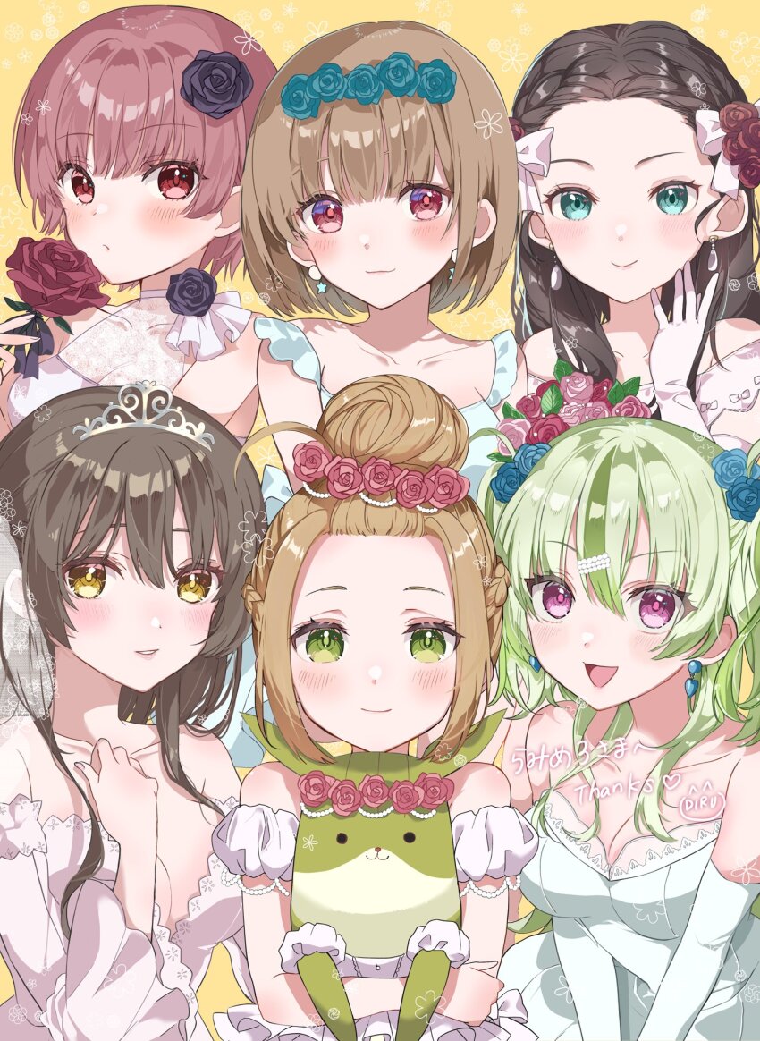 6+girls ahoge bangs_pinned_back black_flower black_rose blue_flower blue_rose blush bouquet bow braid breasts brown_hair collarbone crown dress earrings flower gloves green_eyes green_hair hair_between_eyes hair_bow hair_bun half_up_braid heaven_burns_red highres jewelry k_i49 large_breasts long_hair multiple_girls ooshima_ichiko ooshima_isuzu ooshima_minori ooshima_muua ooshima_niina ooshima_yotsuha parted_bangs purple_eyes red_eyes red_flower red_hair red_rose rose second-party_source short_hair star_(symbol) star_earrings team_31e_(heaven_burns_red) two_side_up wedding_dress white_dress white_gloves