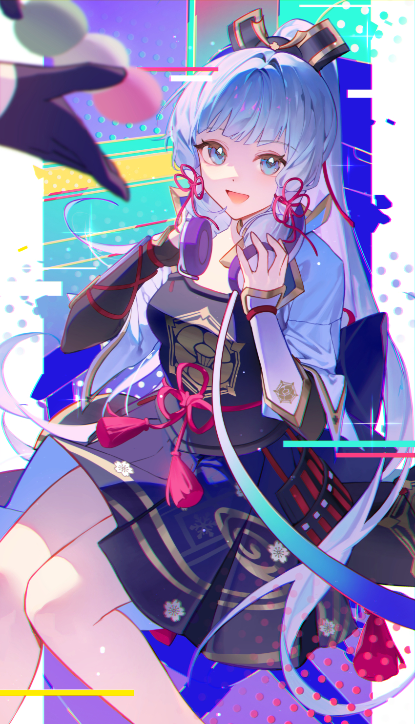 1girl absurdres ayaka_(genshin_impact) blue_eyes blue_hair earphones genshin_impact highres looking_at_viewer open_mouth ponytail shotgunman sidelocks sitting smile solo