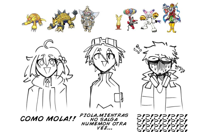 ankylomon armadimon betsumon digimon digimon_(creature) goggles goggles_on_head headphones highres jacket meme neamon open_mouth opossummon piemon shakkoumon smile taiga_(digimon) wings