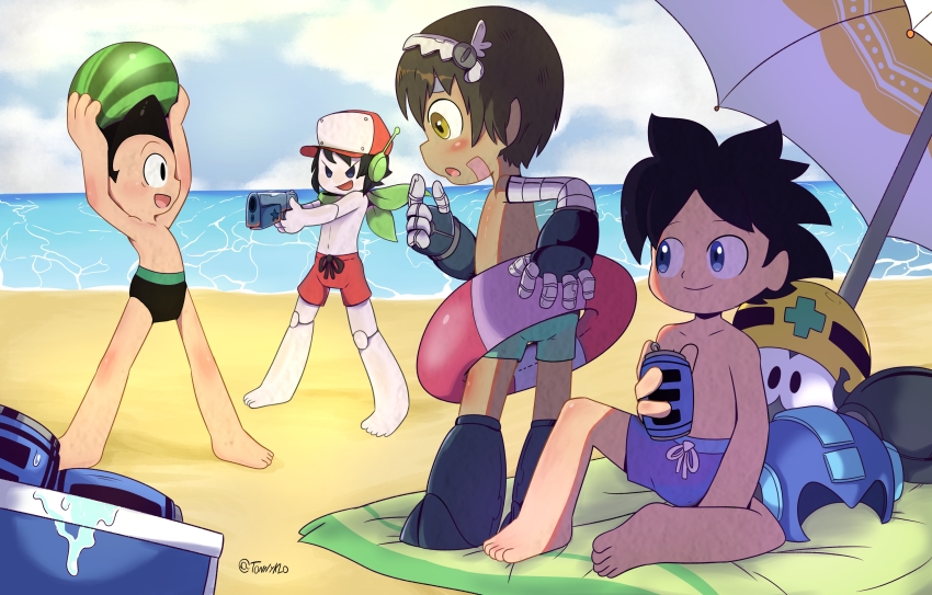 absurdres atom_(tetsuwan_atom) ball beach beachball cloud day doukutsu_monogatari food fruit highres holding holding_ball holding_food holding_fruit holding_watermelon inflatable_toy made_in_abyss male_focus mega_man_(character) mega_man_(classic) mega_man_(series) multiple_boys non-web_source ocean quote_(doukutsu_monogatari) reg_(made_in_abyss) short_hair swimsuit tetsuwan_atom watermelon watermelon_beachball