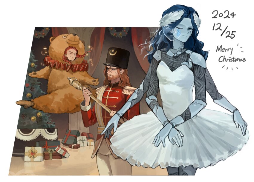 1girl 2boys absurdres bear blue_eyes blue_hair blue_skin brother_and_sister brothers christmas colored_skin cracked_skin dress elden_ring extra_arms extra_faces hat highres long_hair looking_at_viewer military_uniform multiple_boys one_eye_closed ranni_the_witch sadoseja854000 siblings starscourge_radahn the_nutcracker