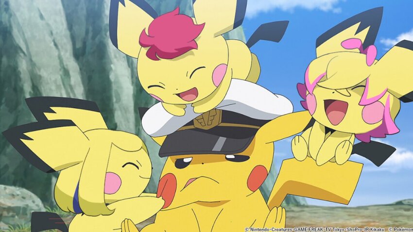 angel_(sunnyknights) blue_hair captain_pikachu closed_eyes closed_mouth clothed_pokemon dot_(pokemon) fake_screenshot gen_1_pokemon gen_2_pokemon hat holding liko_(pokemon) nintendo no_humans open_mouth pichu pikachu pink_hair pokemon pokemon_(anime) pokemon_(creature) pokemon_horizons pulling red_hair roy_(pokemon) smile