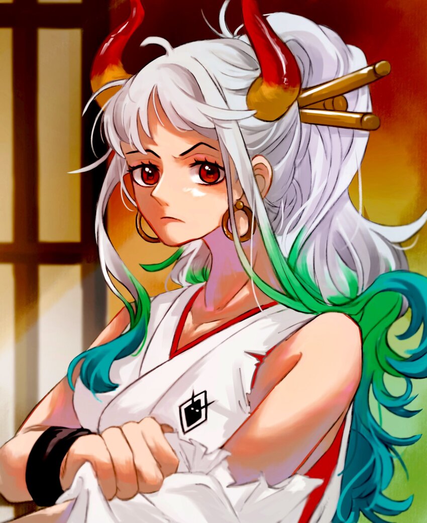 1girl aqua_hair closed_mouth earrings green_hair hair_ornament highres horns japanese_clothes jewelry kimono looking_at_viewer one_piece orange_eyes ponytail sidelocks sinoda_maru7326 solo upper_body v-shaped_eyebrows white_hair white_kimono yamato_(one_piece)
