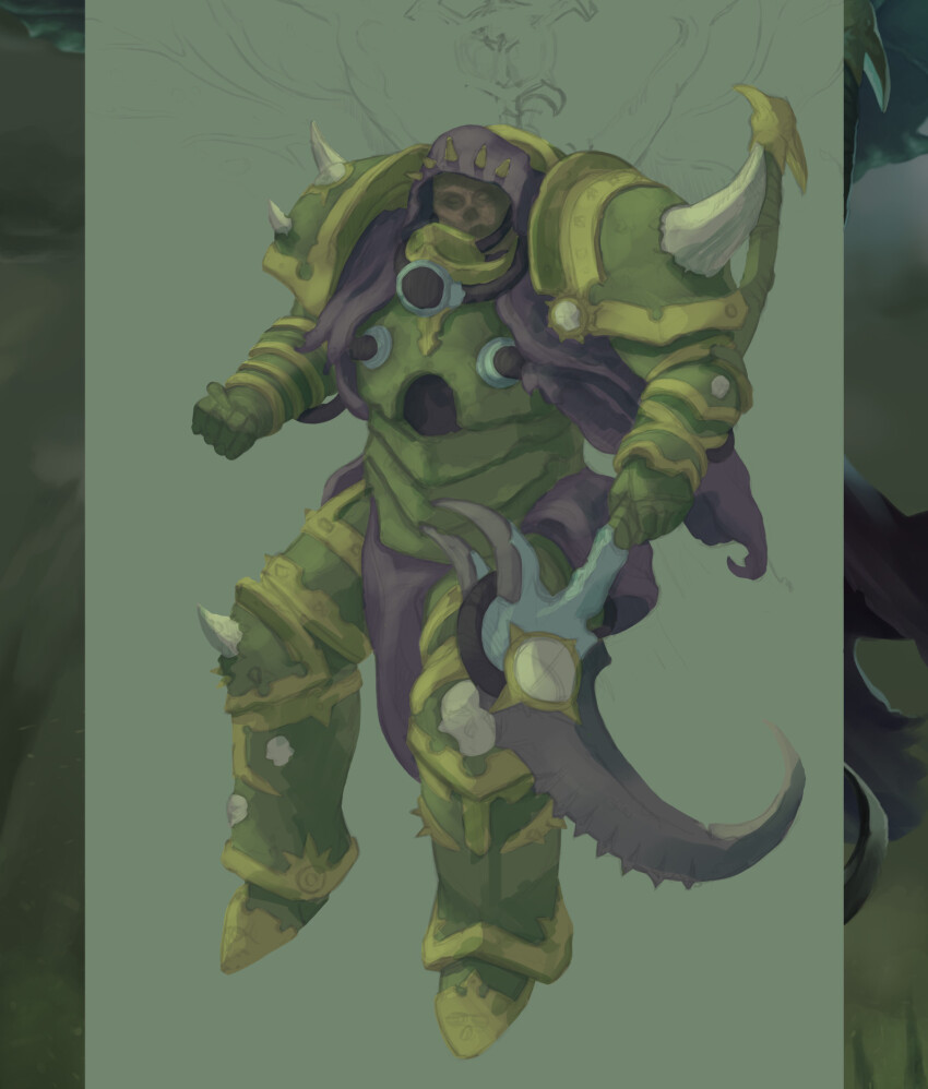 1boy armor armored_boots boney_face boots breastplate cataracts chain chaos_(warhammer) clawed_gauntlets clenched_hand colored_skin commentary couter crotch_plate cuirass damaged_skin death_guard decay demon_primarch demon_wings disease english_commentary flying full_body gauntlets greaves green_armor green_background green_skin grohgrog highres holding holding_scythe holding_weapon insect_wings inset leg_armor lineart making-of male_focus mask monster mortarion moth_wings no_nose nurgle pauldrons pelvic_curtain poleyn power_armor primarch rerebrace respirator scythe shoulder_armor shoulder_spikes silence_(weapon) simple_background sketch skull skull_ornament spiked_hood spiked_pauldrons spikes torn_wings warhammer_40k weapon white_eyes wings