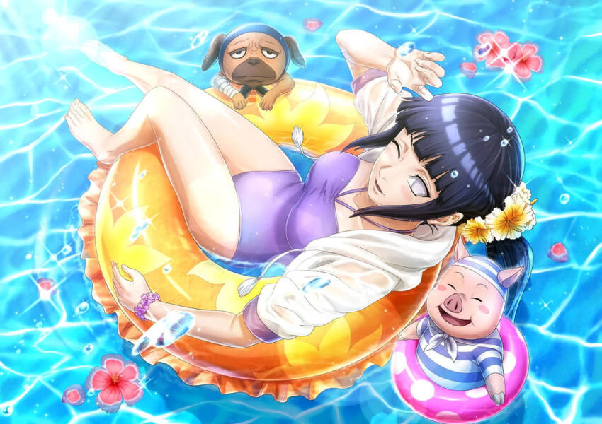 1girl black_hair breasts hyuuga_hinata inflatable_armbands long_hair medium_breasts naruto_(series) naruto_shippuuden official_art one_eye_closed pakkun_(naruto) tonton_(naruto) white_eyes wink