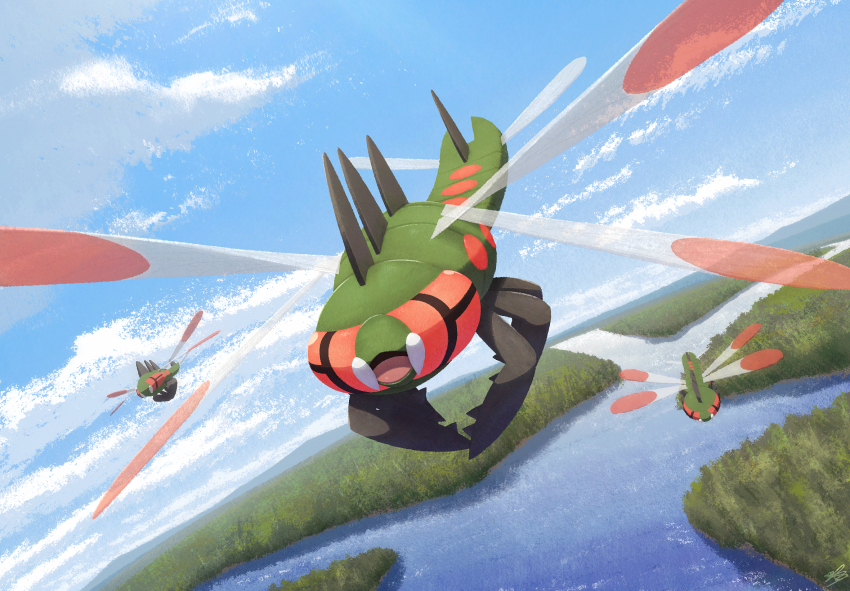 bug closed_mouth cloud cloudy_sky commentary_request dragonfly dragonfly_wings ewokakukaede fangs flying full_body gen_4_pokemon highres insect looking_ahead nintendo no_humans outdoors pokemon pokemon_(creature) pokemon_focus red_eyes river sky spines wings yanmega
