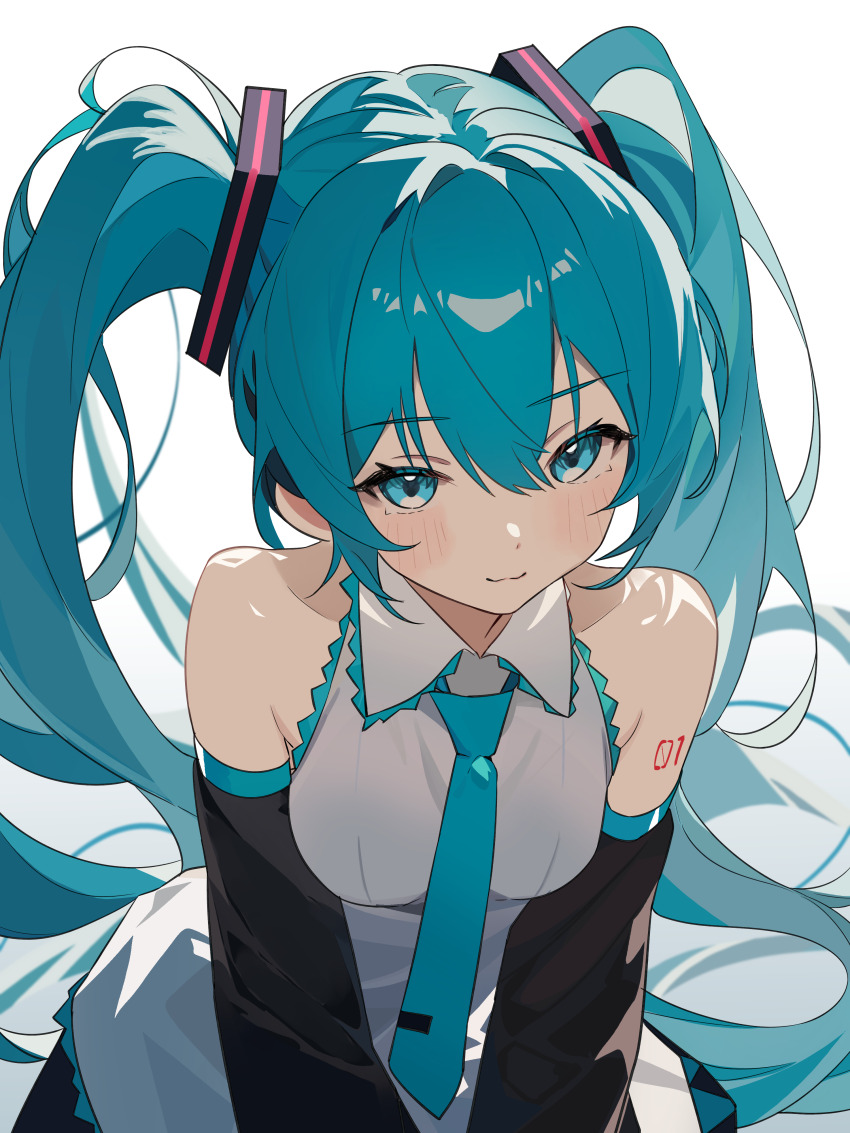 1girl absurdres aqua_eyes aqua_hair aqua_necktie bare_shoulders black_sleeves blush breasts closed_mouth coco_irasuto collared_shirt commentary detached_sleeves grey_background hatsune_miku highres long_hair looking_at_viewer necktie number_tattoo shirt shoulder_tattoo simple_background sleeveless sleeveless_shirt small_breasts smile solo tattoo twintails upper_body very_long_hair vocaloid white_shirt