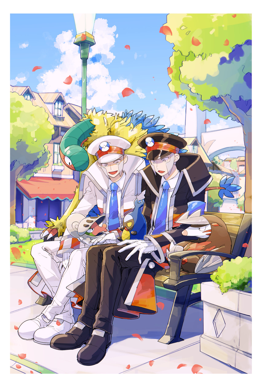 2boys absurdres akamtvahosi archeops bench black_coat black_footwear black_headwear black_pants blue_necktie border brothers building cloud coat collared_shirt commentary_request day dress_shirt emmet_(pokemon) excadrill falling_petals gen_5_pokemon gloves grey_eyes grey_hair hat high_collar highres ingo_(pokemon) karrablast long_sideburns long_sleeves male_focus multiple_boys necktie nintendo open_mouth outdoors pants peaked_cap petals pokemon pokemon_bw shelmet shirt shoes short_hair siblings sideburns sitting sky smile tree trench_coat white_border white_coat white_gloves white_headwear white_shirt