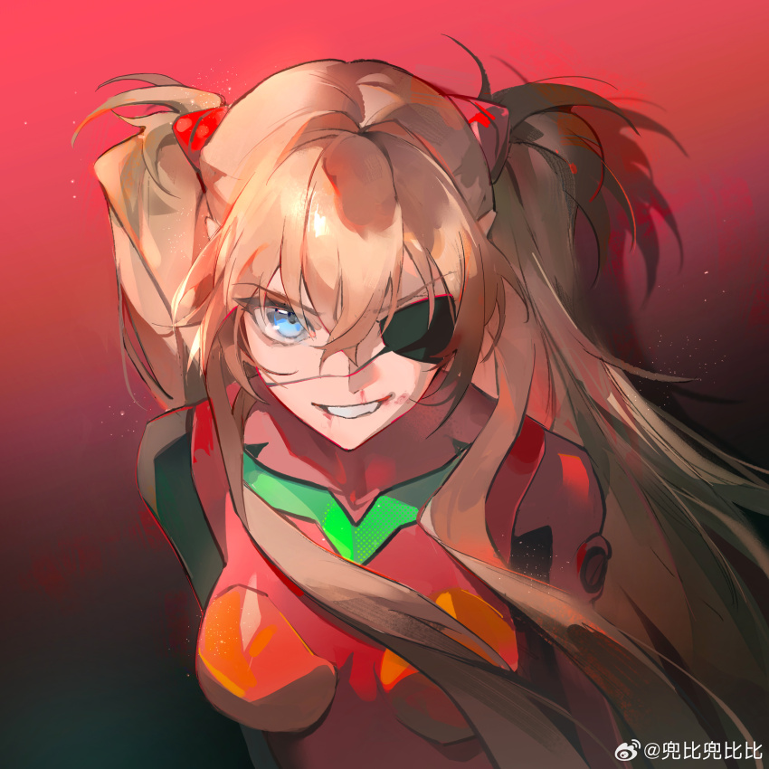 1girl blue_eyes bodysuit breasts brown_hair eva_(metal_gear) evangelion:_3.0_you_can_(not)_redo eyepatch gradient_background grin hair_between_eyes highres long_hair looking_at_viewer mecha_pilot_suit medium_breasts neon_genesis_evangelion plugsuit rebuild_of_evangelion red_background red_bodysuit smile solo souryuu_asuka_langley teeth two_side_up upper_body yuanyi163
