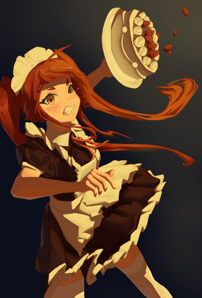 1girl absurdres angry apron blush cake clenched_teeth eris_greyrat food fruit highres kokllc long_hair maid mushoku_tensei red_eyes red_hair solo strawberry tearing_up teeth thighhighs throwing throwing_food twintails zettai_ryouiki
