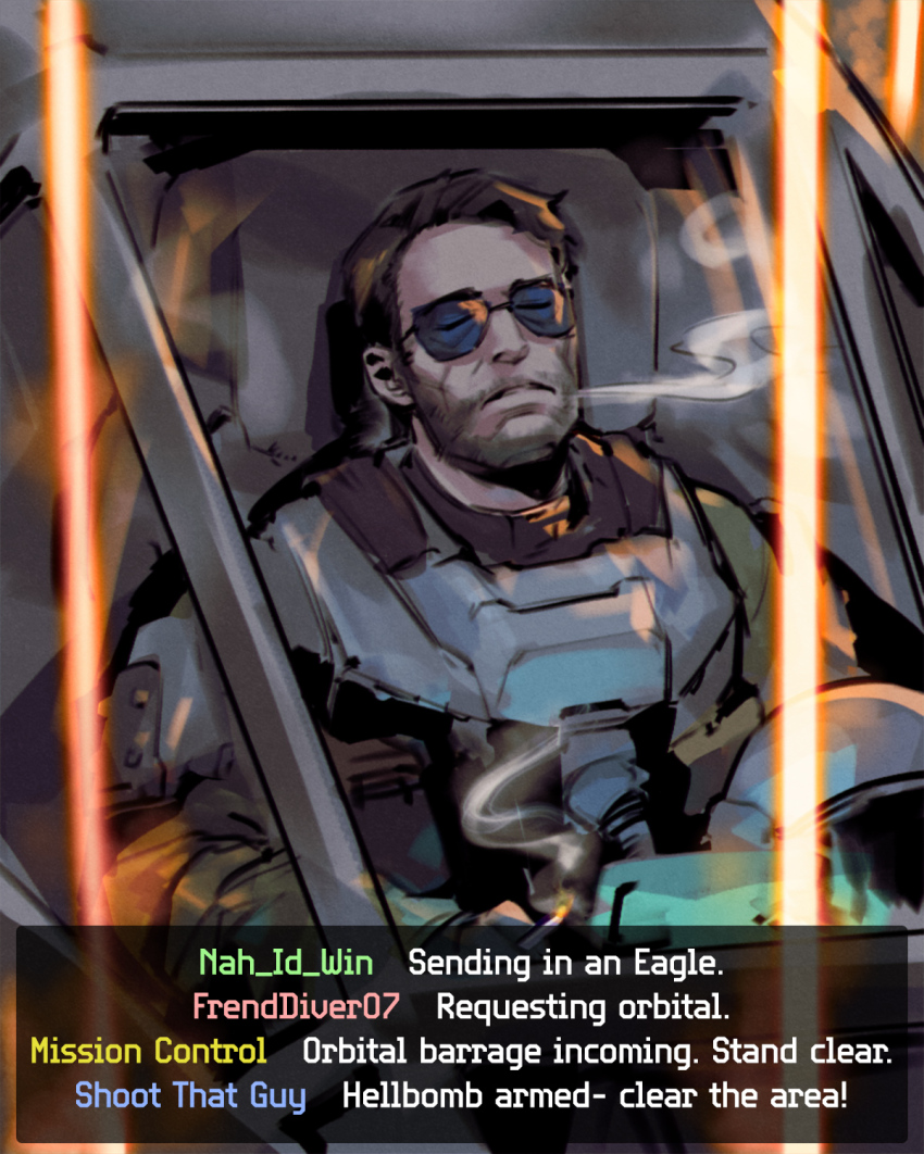 1boy beard ben_affleck_smoking_(meme) brown_hair chat_log cigarette closed_eyes cockpit english_text facial_hair helldivers_(series) highres holding holding_cigarette jumpsuit male_focus meme pelican_1_(helldivers) phantom_ix_row pilot smoking solo sunglasses windshield