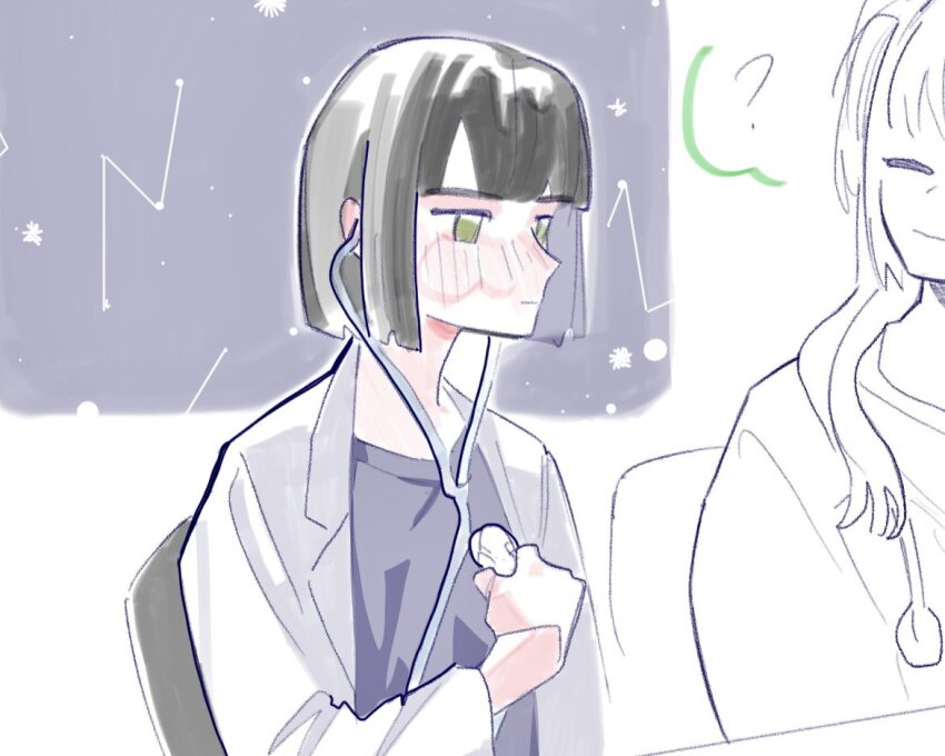 2girls ? ^_^ alternate_universe black_hair black_shirt blunt_bangs blunt_ends blush closed_eyes closed_mouth commentary constellation doctor english_commentary green_eyes lab_coat link!_like!_love_live! love_live! momose_ginko multiple_girls nose_blush otomune_kozue pipi_(m1x_mix) shirt short_hair smile solo_focus spoken_question_mark stethoscope virtual_youtuber