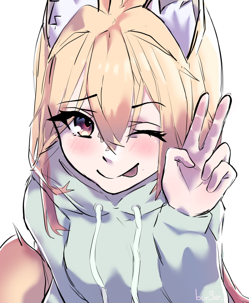 absurdres animal_ear_fluff animal_ears blonde_hair blush burgerpackaging fluff fox_ears fox_tail highres hood hoodie non-web_source original pink_hair purple_eyes tail tongue tongue_out v
