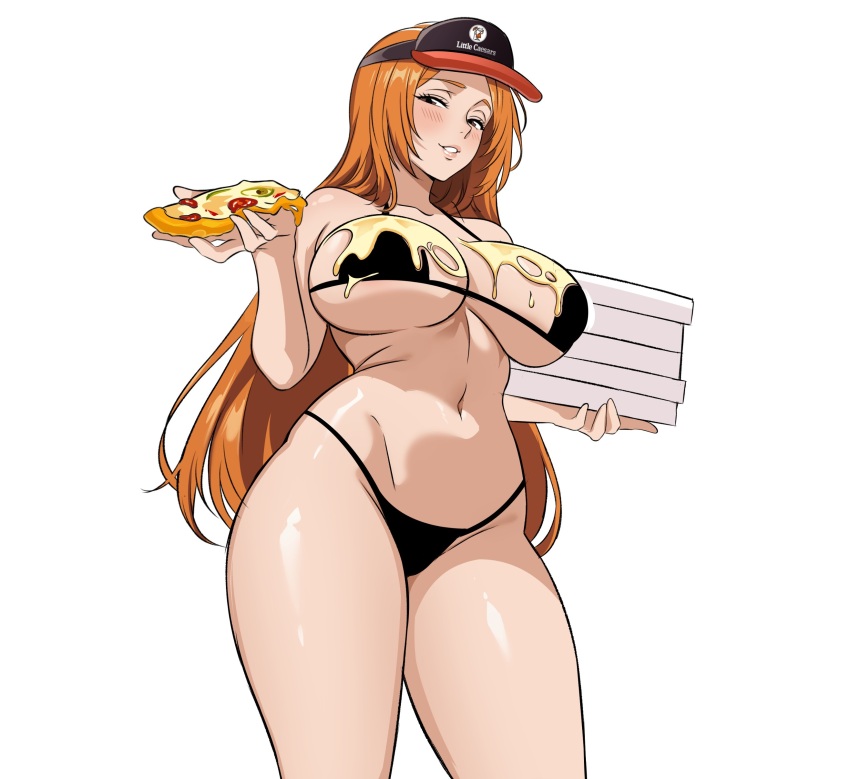 absurdres bikini bleach blush breasts brown_eyes commission delivery food hat highres inoue_orihime large_breasts little_caesars long_hair orange_hair pizza pizza_box pizza_delivery pizza_slice seductive_gaze seductive_smile shiny_skin simple_background smile swimsuit white_background zuyu_(zuyuzuyu6)