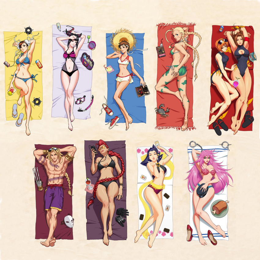 1boy 6+girls abs adapted_costume antenna_hair arm_tattoo armband armlet armpits arnold_tsang ass aviator_sunglasses barefoot beach beach_towel big_hair bikini black_hair black_one-piece_swimsuit blonde_hair blue_bikini boned_meat book unworn_bracelet braid breasts brown_hair bun_cover cable cammy_white capcom card cellphone center_opening chest_tattoo chun-li cleavage cleavage_cutout clothing_cutout cocktail_glass crab crimson_viper cup double_bun drinking_glass earbuds earphones eyewear_on_head final_fight food full_body gloves hair_bun hair_horns han_juri hat highres holding holding_card holding_cup jewelry juli_(street_fighter) juni_(street_fighter) kasugano_sakura large_breasts listening_to_music long_hair low_twin_braids lying male_swimwear mask meat medium_breasts multiple_girls multiple_rings muscular muscular_male odd_one_out official_art on_back on_side on_stomach one-piece_swimsuit orange_hair peaked_cap phone pink_hair poison_(final_fight) pompadour purple_hair purple_male_swimwear purple_swim_trunks red_hair ribbed_swimsuit ring rose_(street_fighter) shadaloo_dolls shoes short_hair small_breasts smartphone snake_tattoo soles source_request street_fighter street_fighter_iv_(series) street_fighter_zero_(series) sun_hat sunglasses swim_trunks swimsuit tan tankini tarot tarot_card tattoo thigh_gap toes toned towel twin_braids udon_entertainment unworn_gloves unworn_hat unworn_headwear unworn_mask unworn_shoes vega_(street_fighter) wedding_ring