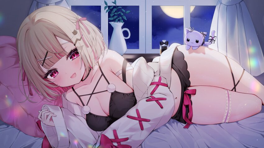 1girl absurdres black_bra black_ribbon black_skirt blonde_hair blunt_bangs blush bra breasts cardigan cat_hair_ornament commentary_request crown feet_out_of_frame full_moon grey_cardigan hair_intakes hair_ornament highres ina_uruu indie_virtual_youtuber indoors ineka_ka large_breasts leg_ribbon looking_at_viewer lying mini_crown moon nanashi_inc. neko_mao night off_shoulder on_bed on_side open_cardigan open_clothes open_mouth pink_eyes purple_cat ribbon short_hair skirt smile solo thigh_ribbon underwear vase virtual_youtuber voice_actor_connection window