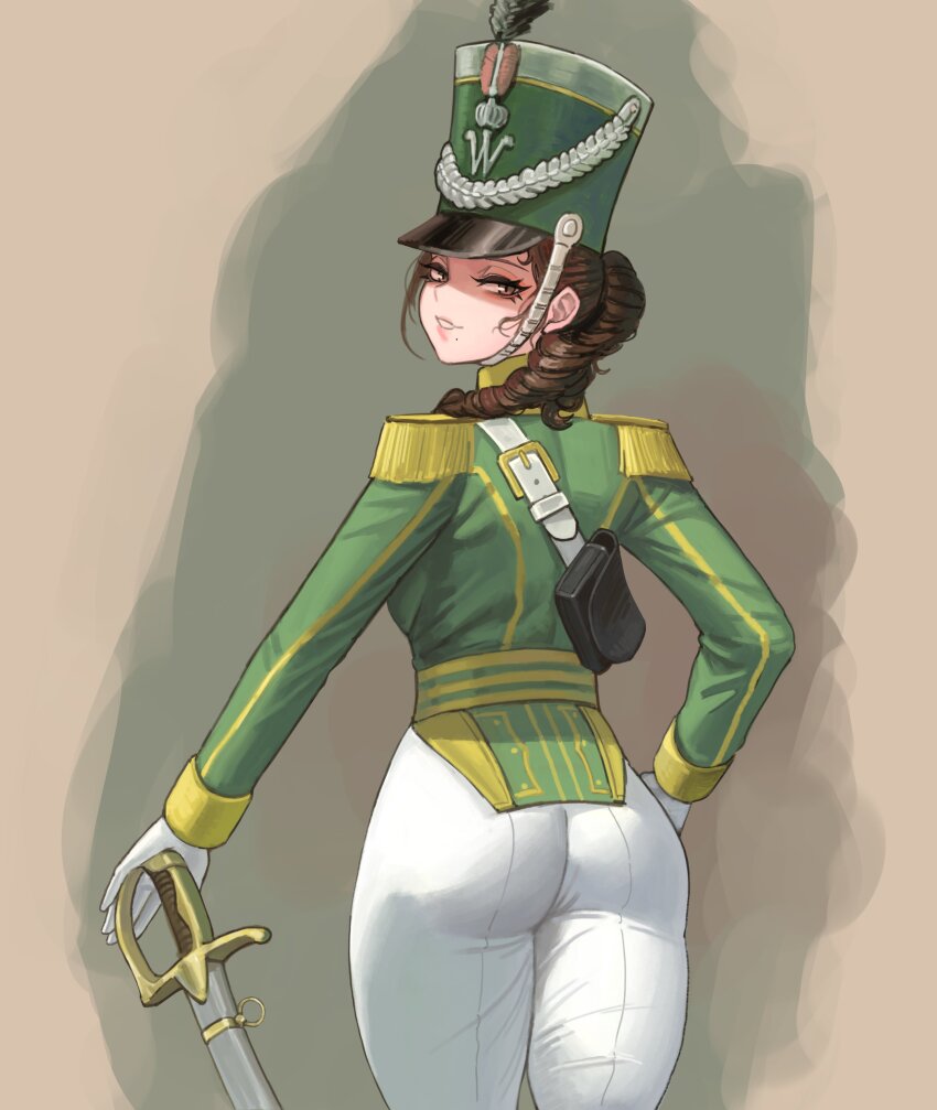 1girl absurdres ass belt brown_eyes brown_hair cavalry_sword dragoon drill_hair epaulettes hat highres hilt looking_back military_uniform mole mole_under_mouth original peaked_cap saber_(weapon) smile soldat_(dndosld73832) solo sword weapon