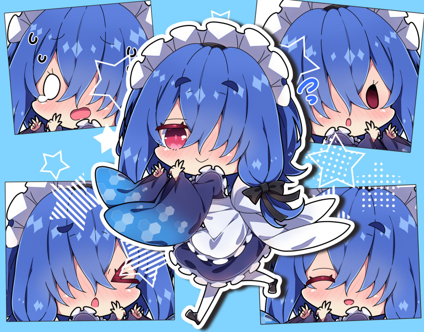 &gt;_&lt; 1girl :d ^_^ apron black_shoes blue_background blue_kimono blush chibi closed_eyes closed_mouth commentary_request flying_sweatdrops frilled_apron frills hair_over_one_eye highres japanese_clothes kimono long_hair long_sleeves maid maid_apron maid_headdress milkpanda multiple_views nose_blush open_mouth original outline pantyhose red_eyes shoes short_eyebrows smile star_(symbol) sweat thick_eyebrows very_long_hair wa_maid white_apron white_outline white_pantyhose wide_sleeves