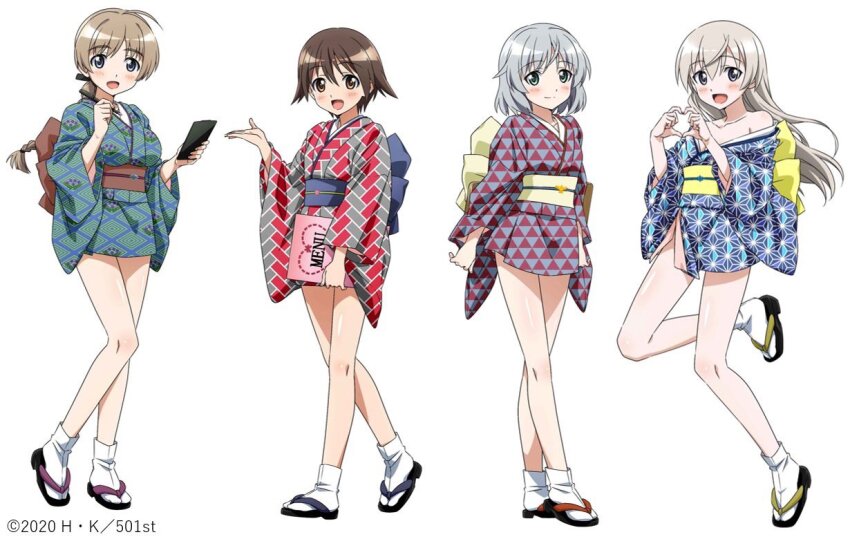 4girls alternate_costume artist_request bare_shoulders blue_eyes blush brown_eyes brown_hair eila_ilmatar_juutilainen full_body happy holding japanese_clothes long_hair looking_at_viewer lynette_bishop miyafuji_yoshika multiple_girls official_alternate_costume official_art okobo open_mouth platform_sandals sandals sanya_v._litvyak short_hair simple_background standing strike_witches white_background white_hair world_witches_series