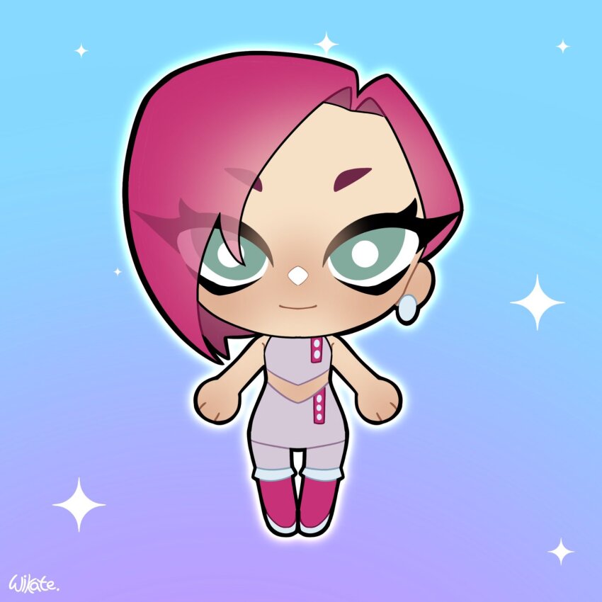 1girl aqua_eyes asymmetrical_hair bare_arms bare_shoulders blue_background boots bright_pupils buttons chibi closed_mouth commentary crop_top earrings eyelashes eyes_visible_through_hair gradient_background happy hashtag-only_commentary highres jewelry knee_boots light_blush looking_at_viewer midriff miniskirt outline pantyhose pink_boots pink_hair purple_background purple_pantyhose purple_shirt purple_skirt shirt short_hair signature skirt skirt_set sleeveless sleeveless_shirt smile solo sparkle straight-on tecna_(winx_club) white_outline white_pupils wikate winx_club
