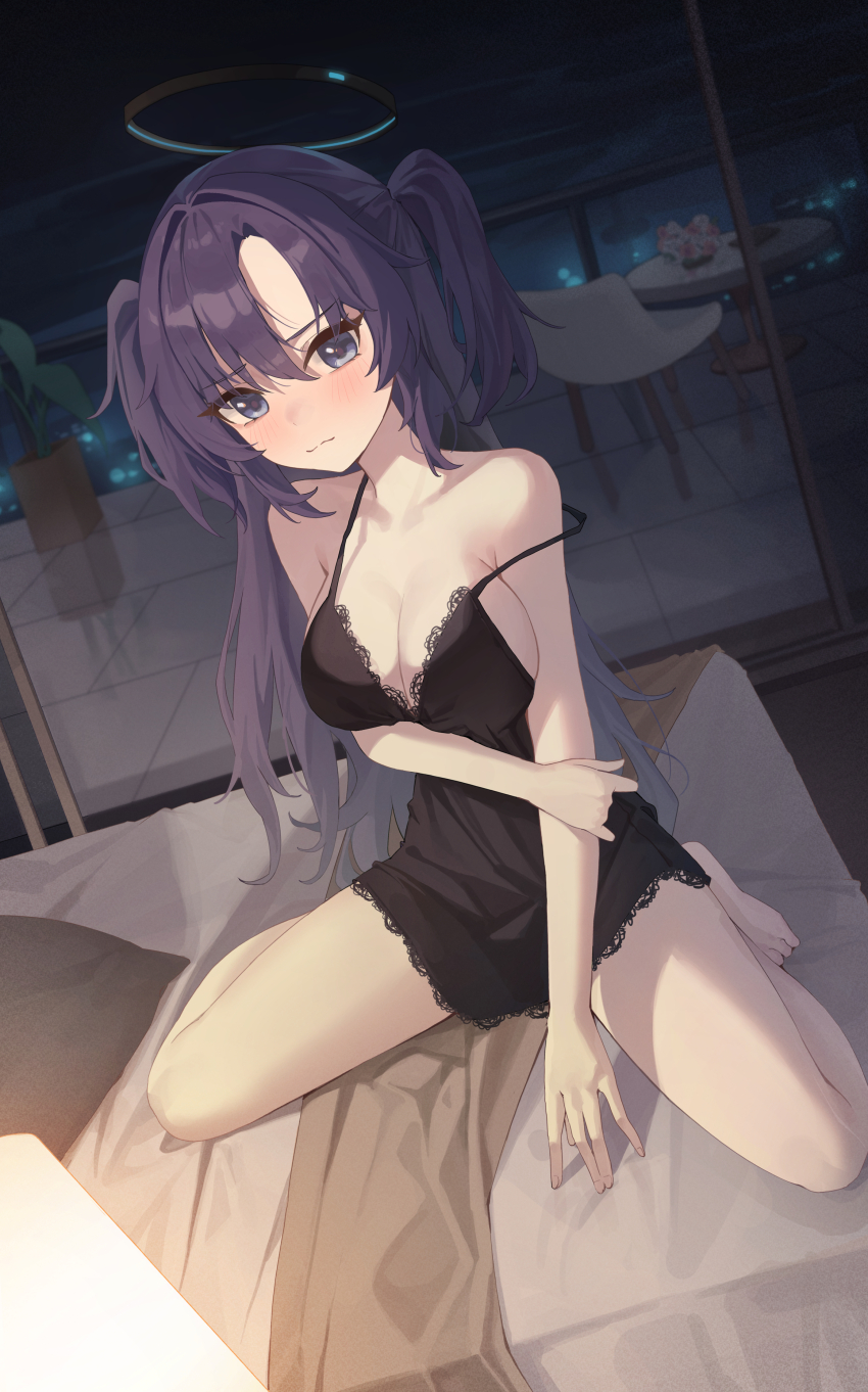 1girl absurdres arm_under_breasts balcony bare_legs black_chemise blue_archive blush breasts chemise cleavage collarbone commentary halo highres holding_own_arm indoors lace-trimmed_chemise large_breasts lingerie long_hair looking_at_viewer mansu_(user_pnmp4287) purple_eyes purple_hair sitting solo spaghetti_strap strap_slip two_side_up underwear underwear_only very_long_hair wariza yuuka_(blue_archive)