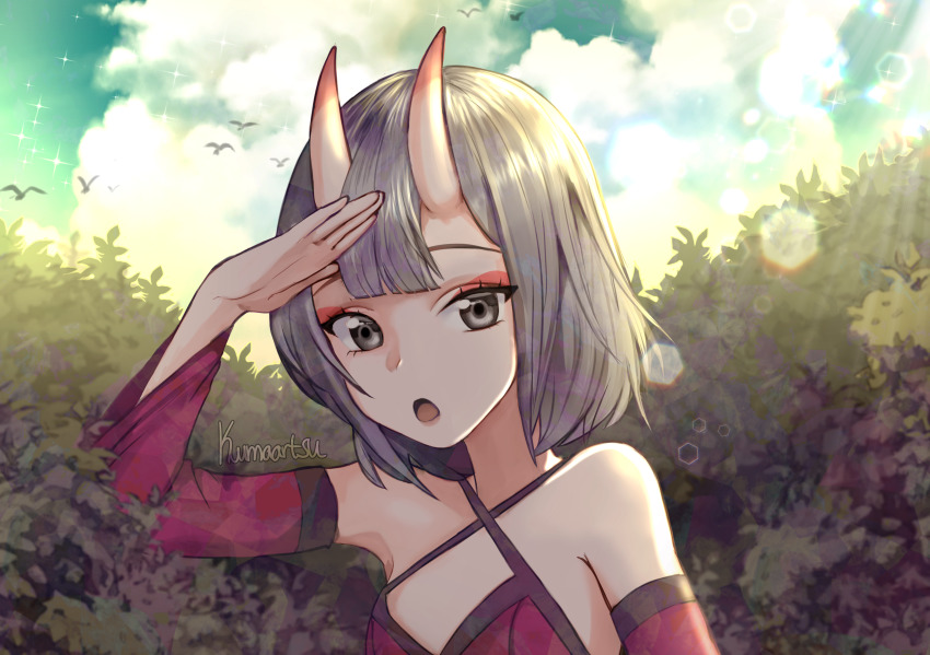 1girl :o absurdres artist_name bare_shoulders bird breasts bush cloud day detached_sleeves dress grey_eyes grey_hair hand_up highres horns kumaartsu large_breasts lens_flare looking_at_viewer open_mouth original outdoors red_dress salute short_hair sky solo sunlight upper_body wide_sleeves