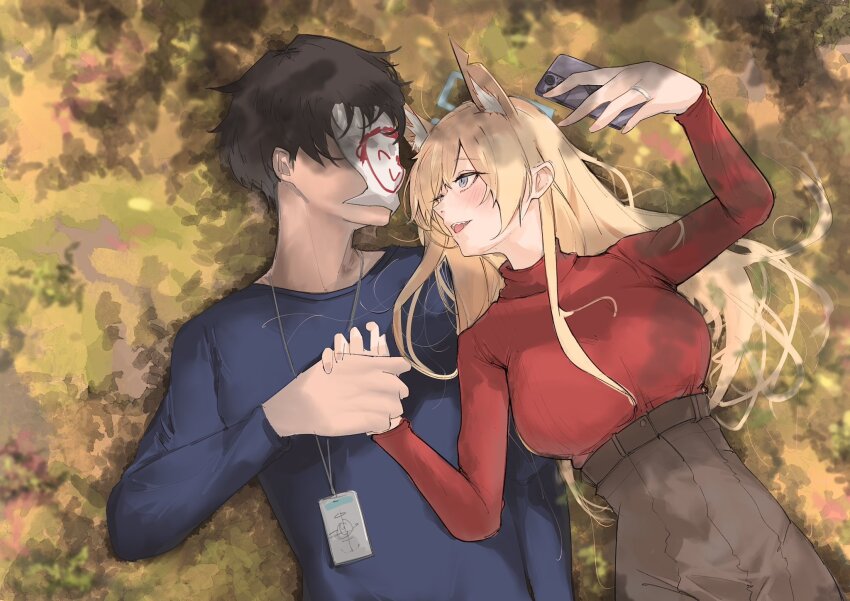 1boy 1girl animal_ear_fluff animal_ears blonde_hair blue_archive blue_eyes blue_halo blue_shirt breasts brown_skirt diksiuw dog_ears doodle_sensei_(blue_archive) extra_ears hair_over_one_eye halo hand_grab highres holding holding_phone jewelry kanna_(blue_archive) lanyard large_breasts long_hair long_sleeves notched_ear on_ground paper_on_head phone red_sweater ring sensei_(blue_archive) shirt skirt sweater wedding_ring