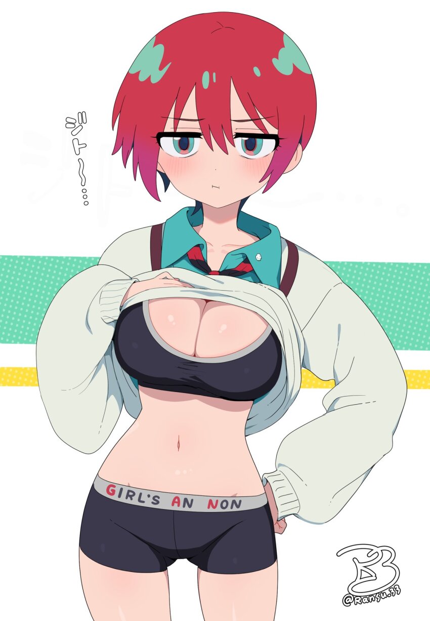 1girl amate_yuzuriha aqua_eyes black_tank_top blush boyshort_panties breasts briefs cleavage closed_mouth clothes_lift frown gundam gundam_gquuuuuux highres large_breasts long_sleeves looking_at_viewer male_underwear mobile_suit_gundam necktie ransusan red_hair school_uniform shirt short_hair simple_background solo sweater sweater_lift tank_top underwear white_background
