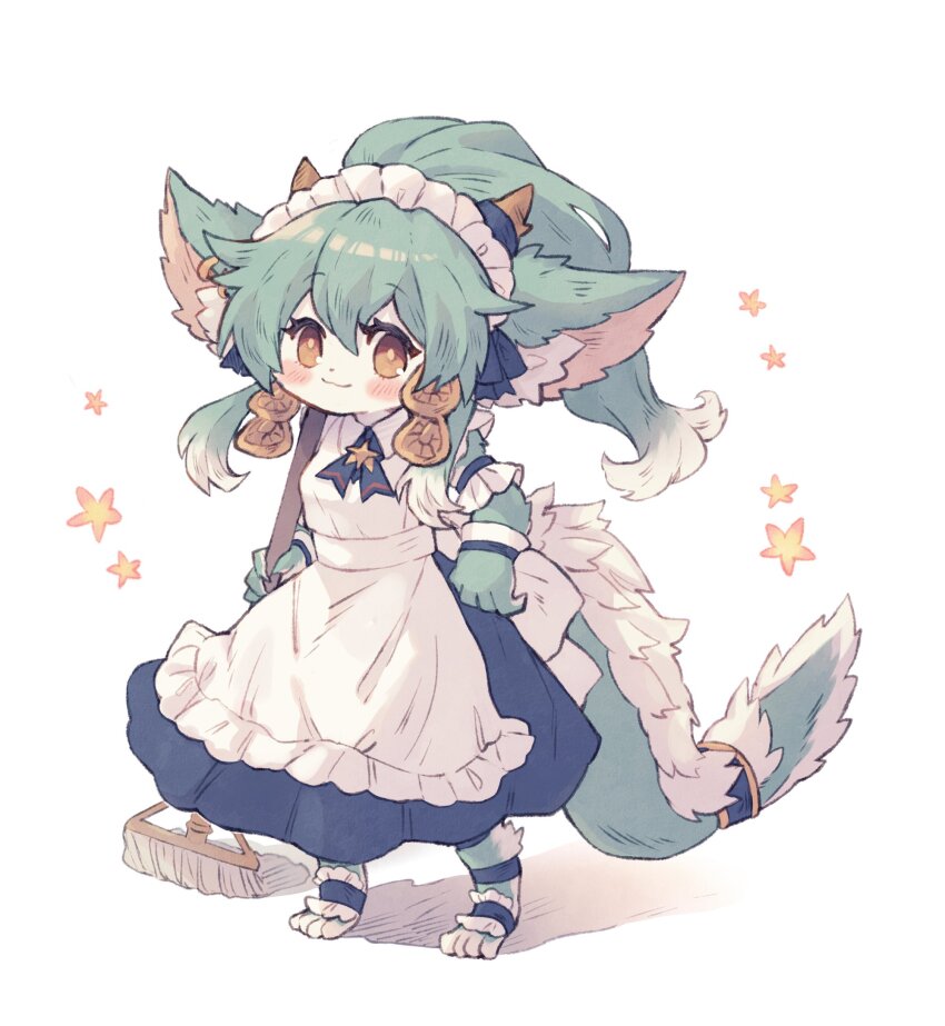 1girl animal_ears apron black_dress body_fur breasts dress firo_(puzzle_&amp;_dragons) frilled_apron frills green_fur highres holding holding_mop large_ears long_hair looking_at_viewer maid maid_apron maid_headdress mop oyu_(frypandepan) puzzle_&amp;_dragons smile solo star_(symbol) tail two-tone_fur white_apron white_fur