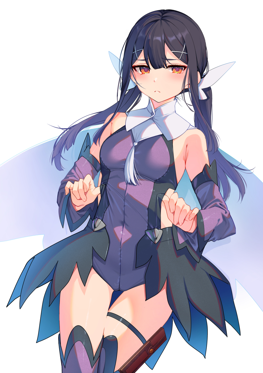 1girl :&lt; absurdres armpit_crease bare_shoulders black_hair black_skirt blush breasts brown_eyes cape clothes_tug collar cowboy_shot detached_collar detached_sleeves fate/kaleid_liner_prisma_illya fate_(series) feather_hair_ornament feathers hair_ornament hairclip high_collar highres jitome leotard light_blush long_hair looking_at_viewer low_twintails magical_girl medium_breasts miyu_edelfelt miyu_edelfelt_(magical_girl) orange_eyes pouch purple_leotard purple_sleeves purple_thighhighs santa_(sunflower) showgirl_skirt simple_background skirt solo thigh_gap thigh_pouch thigh_strap thighhighs thighs triangle_mouth tsurime twintails white_background white_collar x_hair_ornament