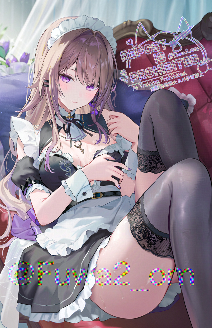 1girl absurdres alternate_costume apron black_dress blurry breasts brown_hair commentary couch depth_of_field dress duplicate enmaided flower frilled_apron frilled_dress frills hair_ornament hairclip herta_(honkai:_star_rail) highres honkai:_star_rail honkai_(series) jewelry key key_necklace long_hair looking_at_viewer lounging maid maid_apron maid_headdress medium_breasts necklace omelet_tomato puffy_short_sleeves puffy_sleeves purple_eyes purple_flower short_sleeves smile solo sweat the_herta_(honkai:_star_rail) thighhighs tsurime twitter_username waist_apron watermark white_apron white_wrist_cuffs wrist_cuffs