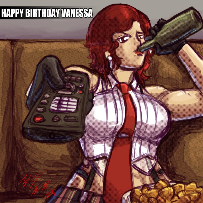 1girl beer_bottle breasts controller drinking gloves highres large_breasts legs looking_at_viewer man_watching_tv_(meme) meme midriff necktie pants red_eyes red_hair red_lips remote_control short_hair snk solo suspenders taurence_bell the_king_of_fighters thighs vanessa_(kof)